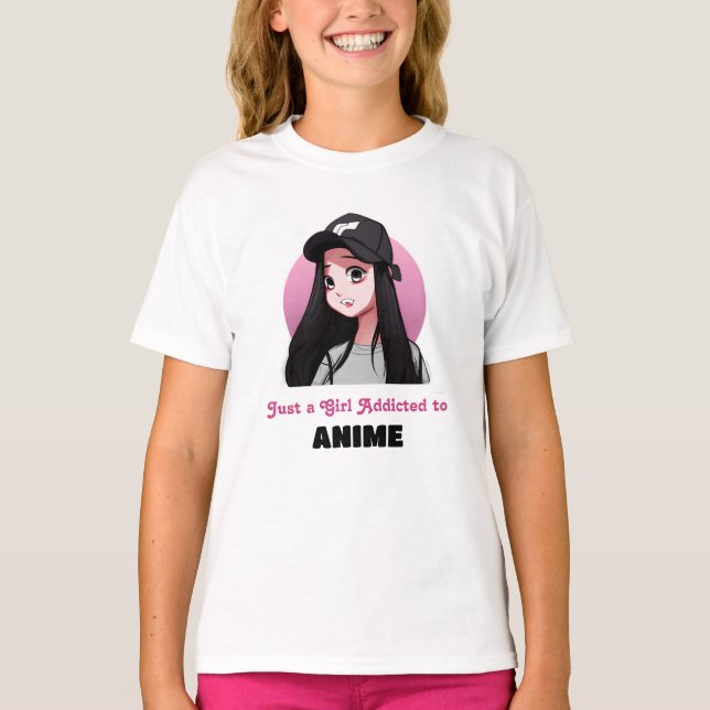 Camiseta Apenas uma garota viciada em animação | Rosa e Pre (Frente)