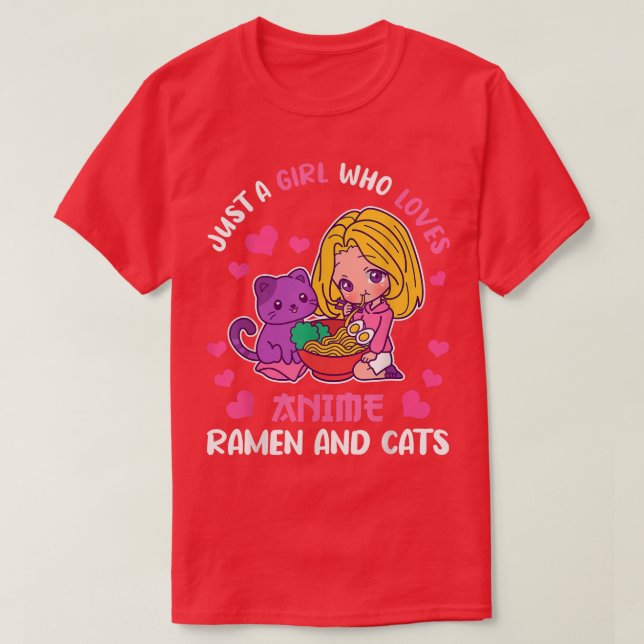 Camiseta Apenas Uma Menina Que Ama Anime, Ramen E Gatos - E (Frente do Design)