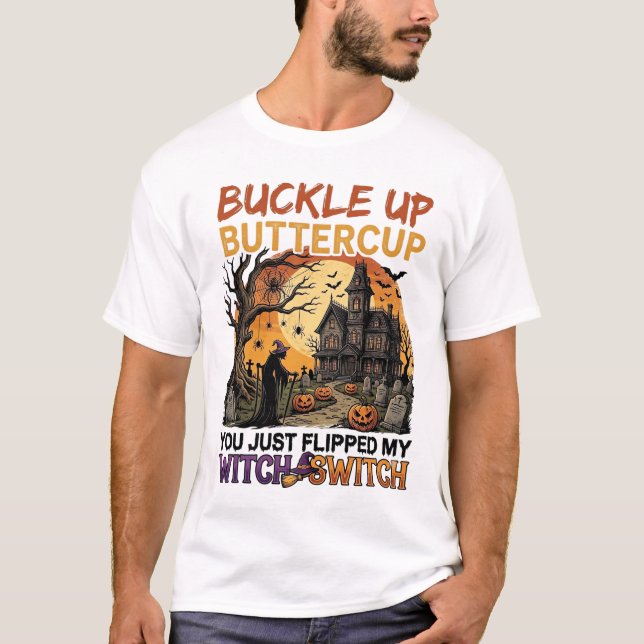 Camiseta Aperte O Cinto Borboleta Bruxa Interruptor Hallowe (Frente)