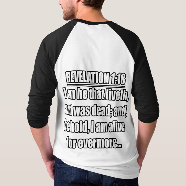 Camiseta Apocalipse 1:18 KJV. Versículo da Bíblia (Verso)