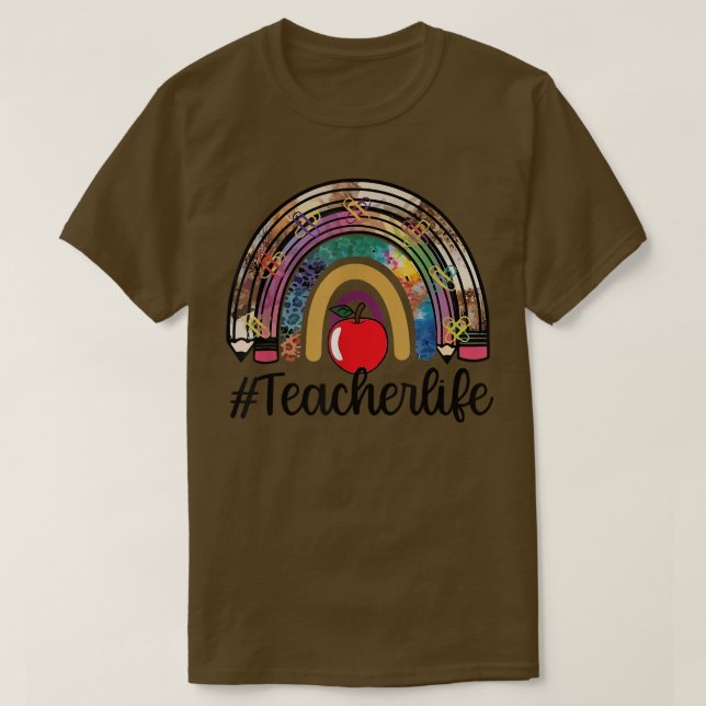 Camiseta Apple Leopard Rainbow Teacher Life Student Rock Th (Frente do Design)