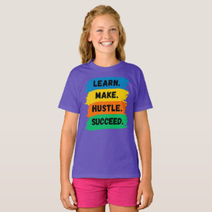 Camiseta Aprender, Fazer, Hustle, Suceder, Slogan motivacio