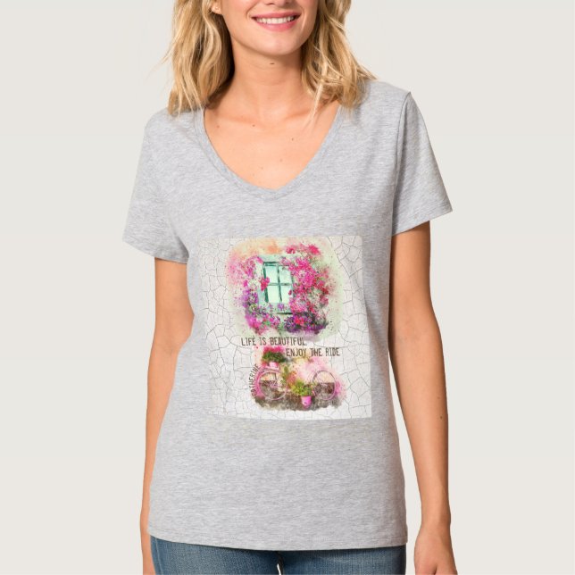 Camiseta Aproveite o passeio | Bicicleta De Aquarela Com Fl (Frente)
