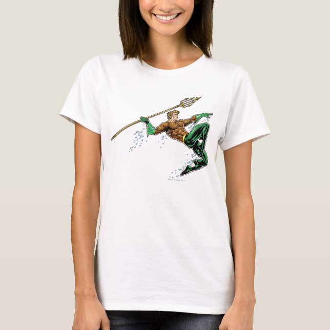 Camiseta Aquaman Pulmando com Lança (Frente)
