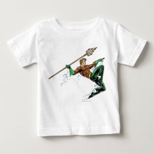 Camiseta Aquaman Pulmando com Lança (Frente)