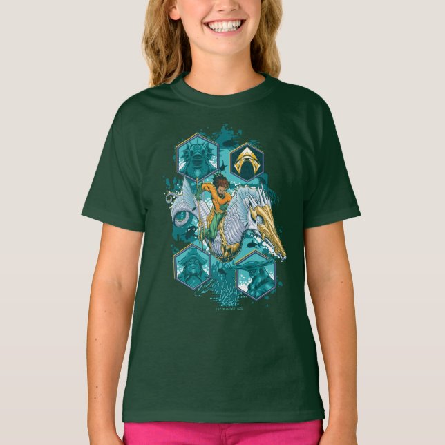 Camiseta Aquaman Riding Seacavalo através dos reinos (Frente)