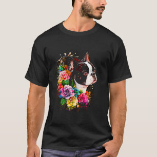 Camiseta Aquarela Boston Terrier com flores Bostie 16