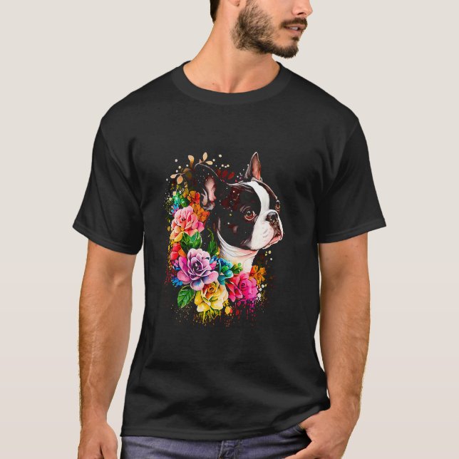 Camiseta Aquarela Boston Terrier com flores Bostie 16 (Frente)