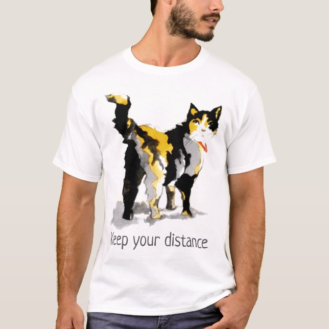 Camiseta Aquarela Calico Cat "Mantenha sua distância" (Frente)