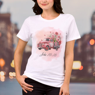 Camiseta Aquarela Caminhão Floral Rosa Vintage Versículo da