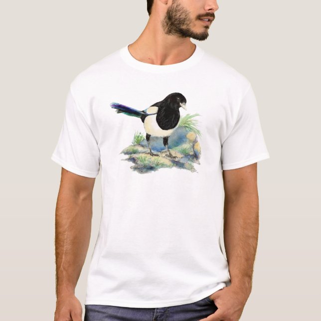 Camiseta Aquarela Curiosa Magpie Divertida Arte de Pássaro (Frente)