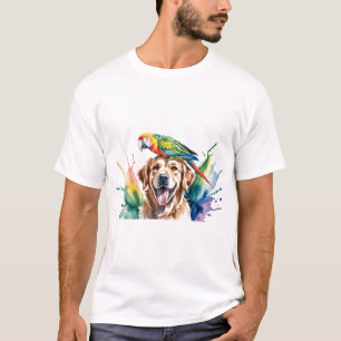 Camiseta Aquarela de Arara e um Retriever Dourado