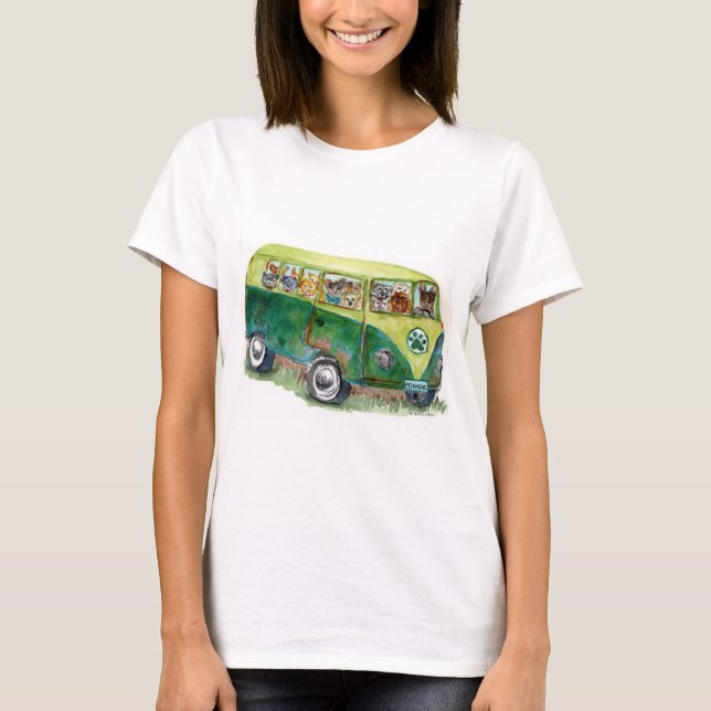 Camiseta aquarela de cheios antigos de ônibus de cães POMDR (Frente)