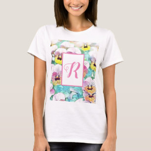 Camiseta Aquarela de pinos cor-de-rosa monograma personaliz