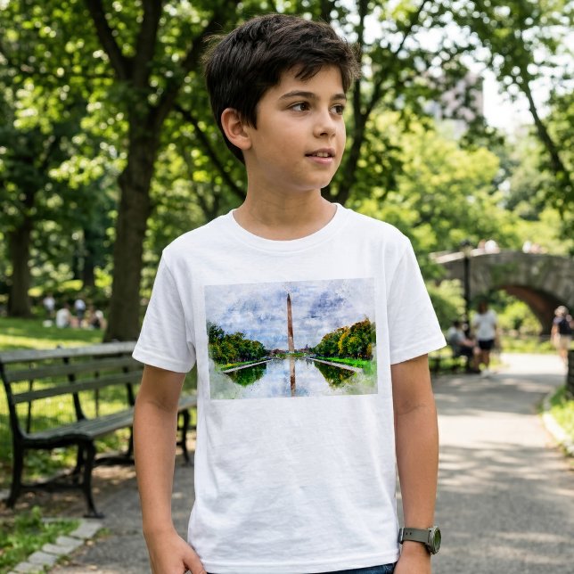 Camiseta Aquarela do Monumento a Washington com Reflexo (Washington Monument Watercolor with Reflection. Boy Basic White T-Shirt)