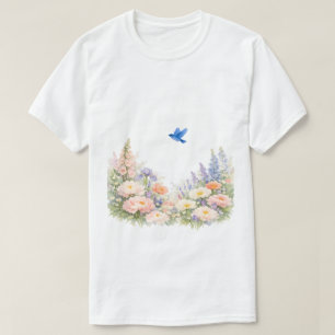 Camiseta Aquarela Floral Campo de Flores Silvestres Azulejo