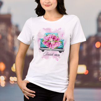 Camiseta Aquarela Floral Vintage Caminhão Azul Versículo da