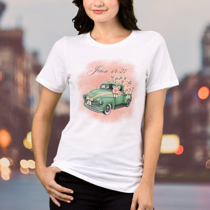 Camiseta Aquarela Floral Vintage Caminhão Verde Versículo d