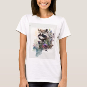 Camiseta Aquarela Guaxinim Fofo Flores de Primavera
