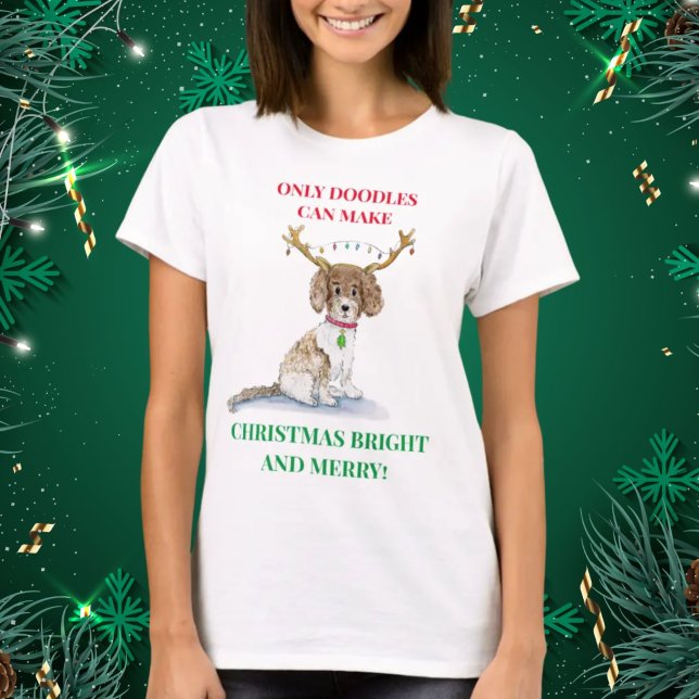 Camiseta Aquarela Labradoodle Luzes de Natal Antlers T- (Criador carregado)