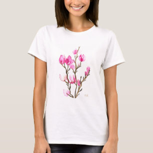 Camiseta Aquarela Magnólia Floral Mãe Elegante Rosa