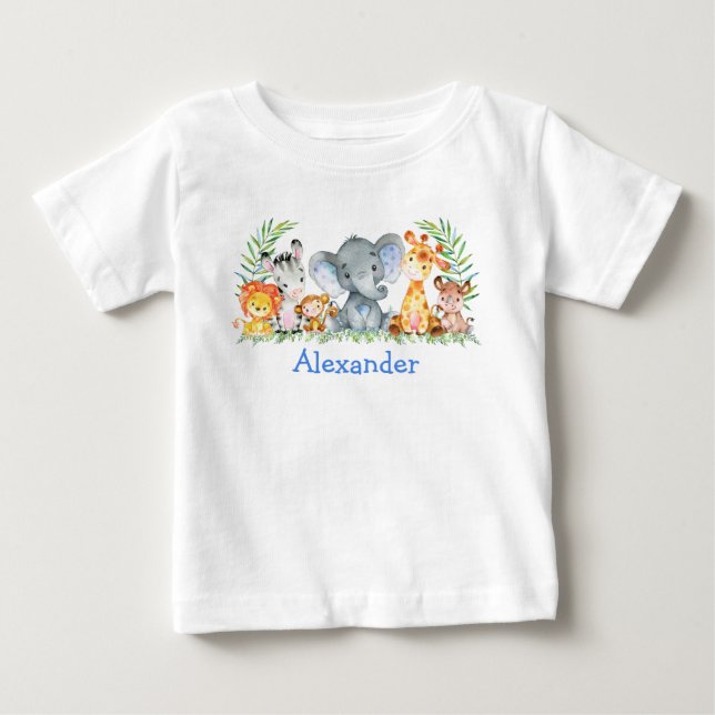 Camiseta Aquarela Safari Bebês Animais Elefante Azul (Frente)