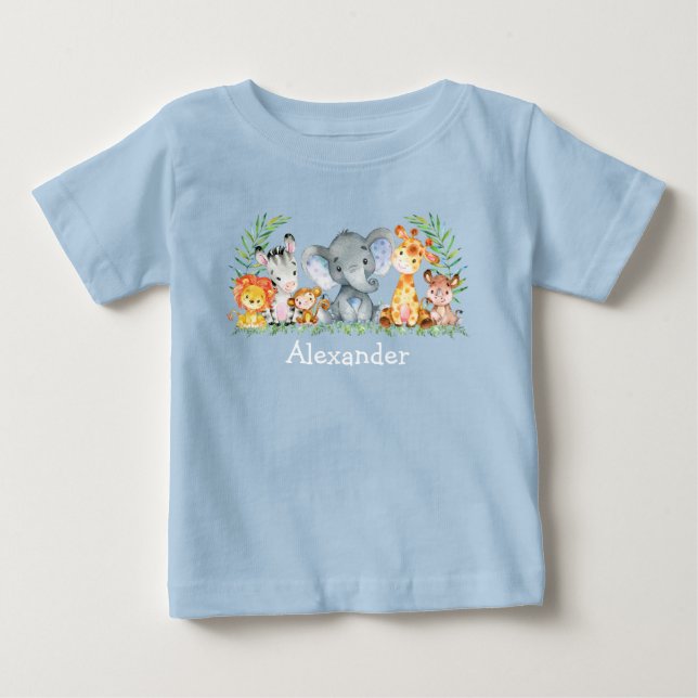 Camiseta Aquarela Safari Bebês Azul (Frente)