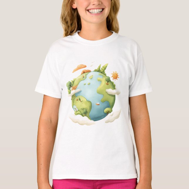 Camiseta Aquarela Terra - Cartoon Terra com Elemen Natureza (Frente)