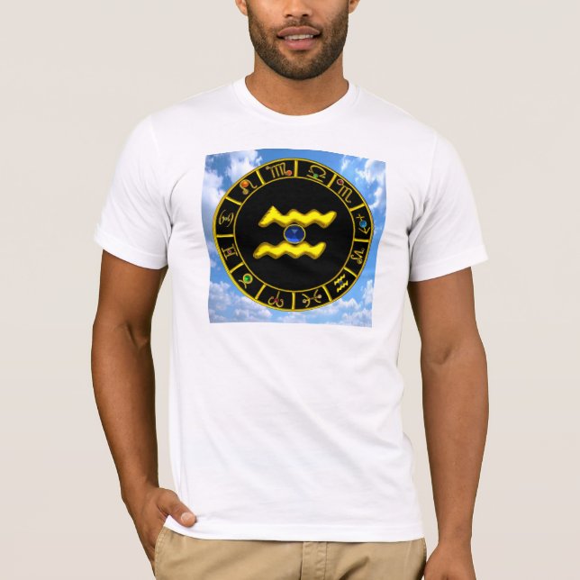 CAMISETA AQUARIUS/ZODIAC JOIAS DE ANIVERSÁRIO DOURADO (Frente)