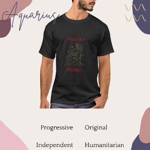 Camiseta Aquarius Zodiac Tipografia Dourada Gráfico Vermelh