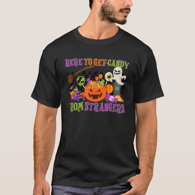 Camiseta Aqui Para Obter Doces De Estranhos Retro De Hallow (Frente)