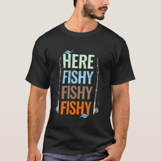 Camiseta Aqui Peixe Divertido Vara de Pesca Peixe Pescador 