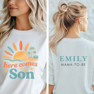 Camiseta Aqui Vem A Mamãe Do Filho Chá de fraldas Para Ser