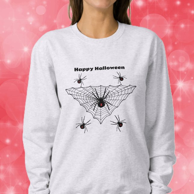 Camiseta Aranhas de Viúva Negra do Halloween em Vidro Verme (Creepy black widow spiders red hourglass mark in black triangular web on Halloween sweatshirt.)