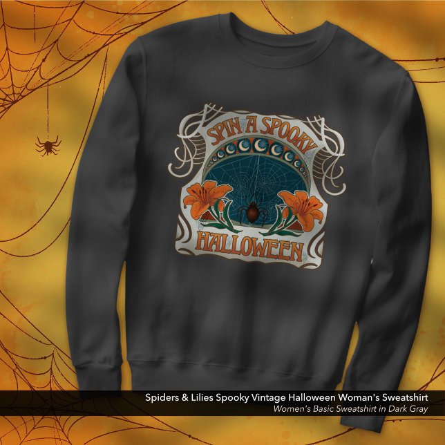 Camiseta Aranhas e lírios assustam a mulher do Halloween Vi (Spiders & Lilies Spooky Halloween Vintage Woman's Sweatshirt: Shown in Dark Gray)