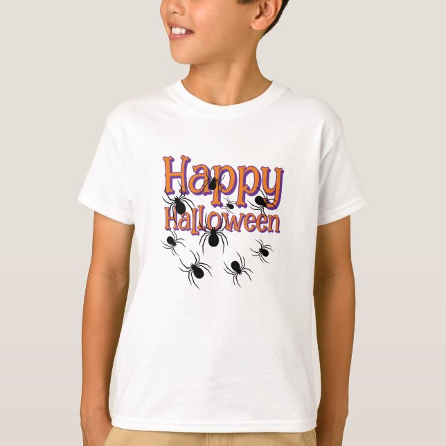 Camiseta Aranhas Felizes Halloween Preto e Laranja (Frente)