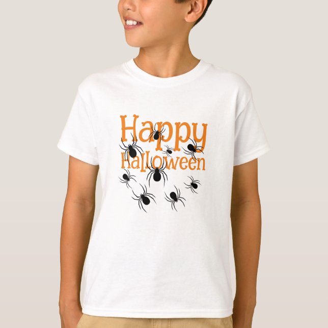 Camiseta Aranhas Felizes Halloween Preto e Laranja (Frente)