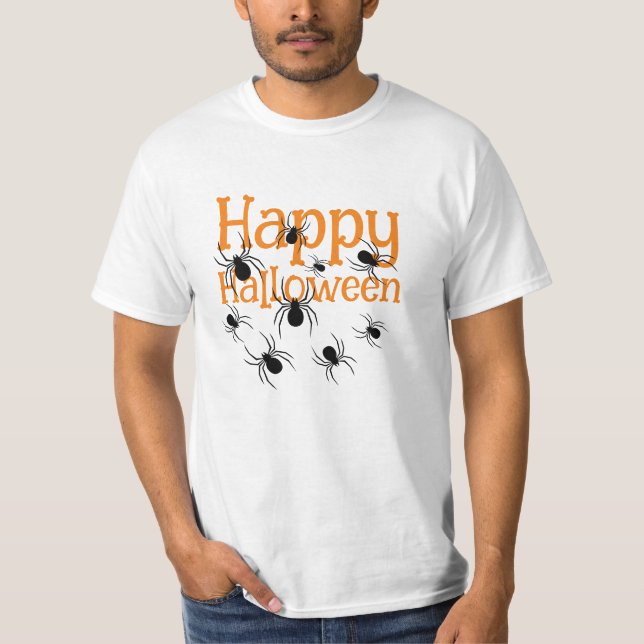 Camiseta Aranhas Felizes Halloween Preto e Laranja (Frente)