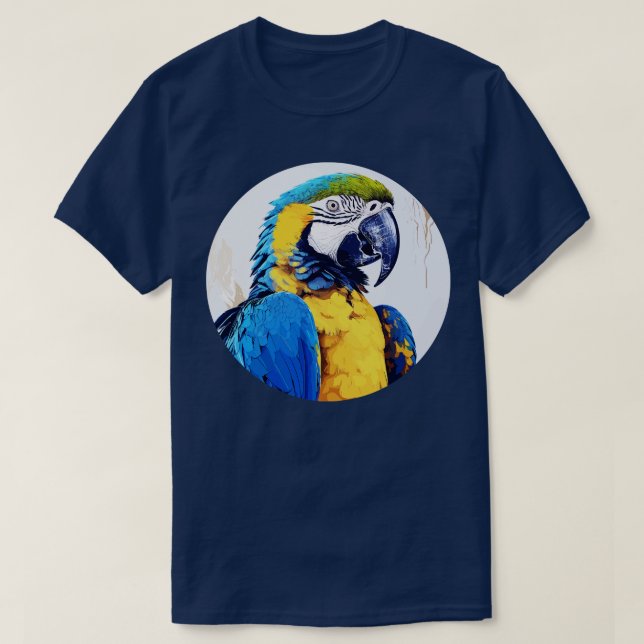 Camiseta Arara azul e dourada 16 (Frente do Design)