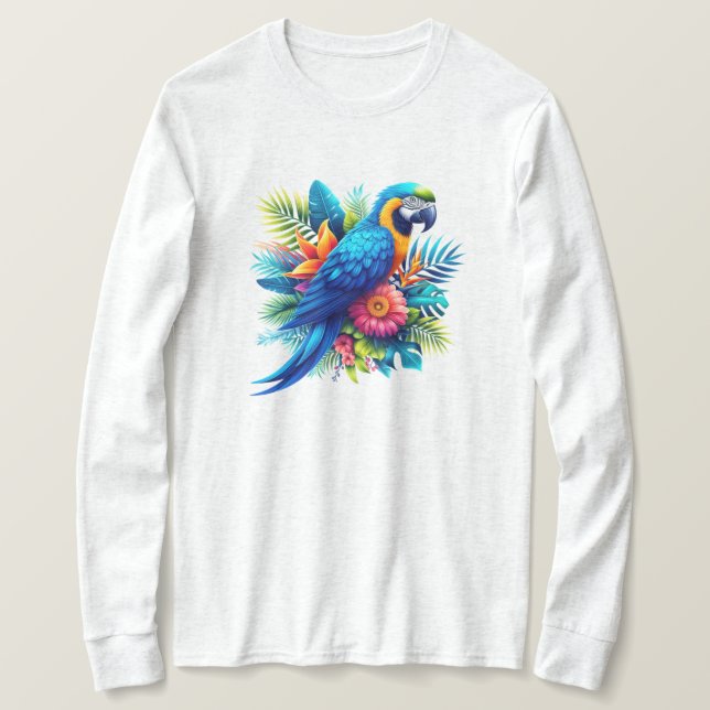 Camiseta Arara tropical azul-colorida (Frente do Design)