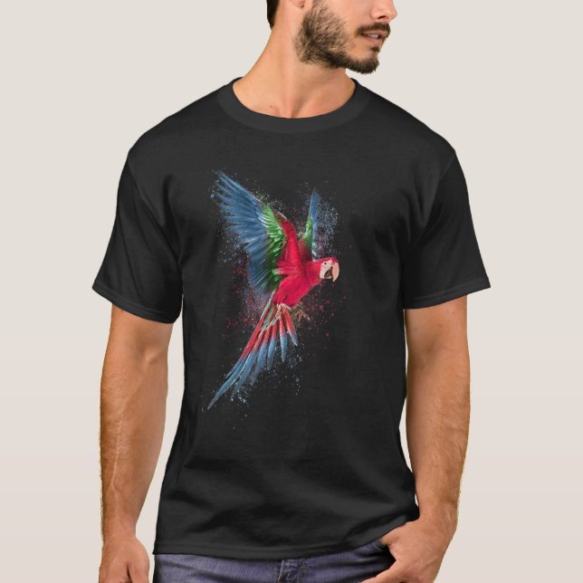 Camiseta Arara Voadora Vermelha Arte Cor Gotículas Papagaio (Frente)