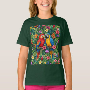 Camiseta Araras da Selva Papagaios Alegres Flores Vibrantes