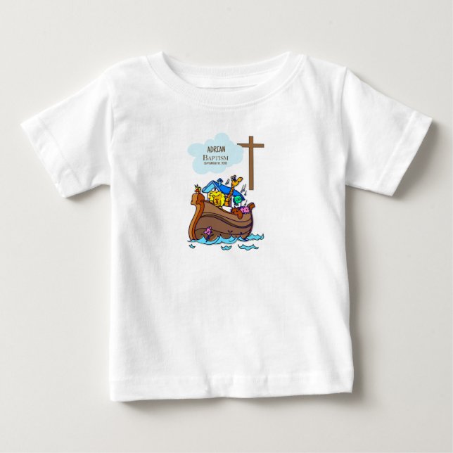 Camiseta Arca de Noah, Batismo Menino, Animais Bons Persona (Frente)