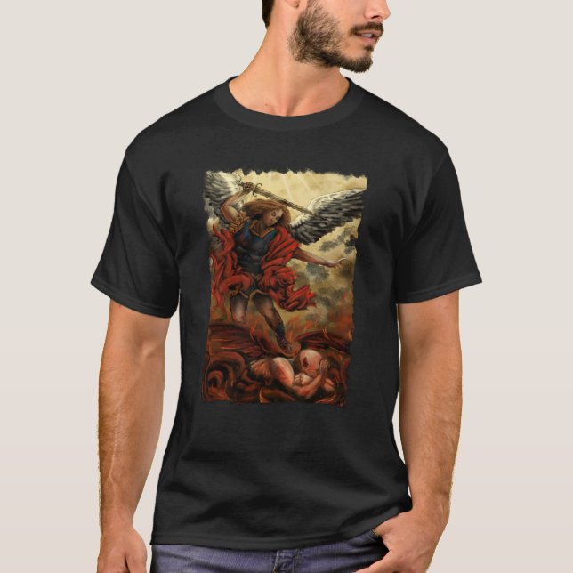Camiseta Archangel Michael derrota demônio em fogo (Frente)