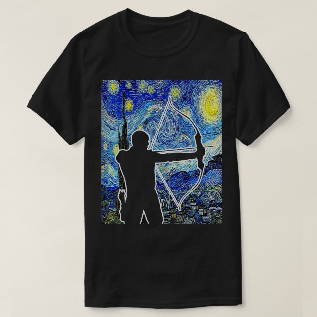 Camiseta Archer Starry Night Van Gogh Arco caçando arqueiro (Frente do Design)