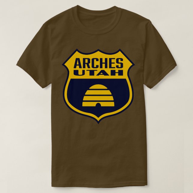 Camiseta Arches Utah Retro Flag Shield Amarelo (Frente do Design)