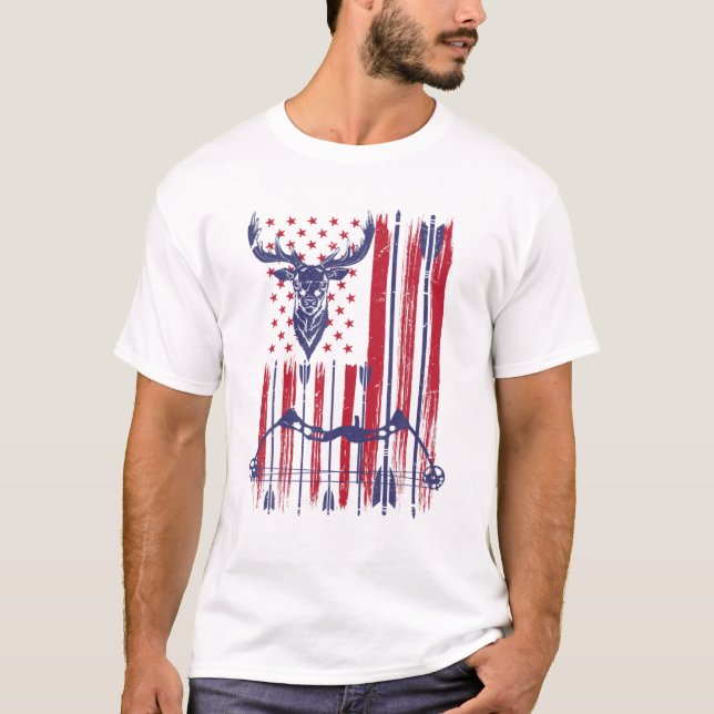 Camiseta Arco Americano de Bandeira, Archery Deer Bowhuntin (Frente)