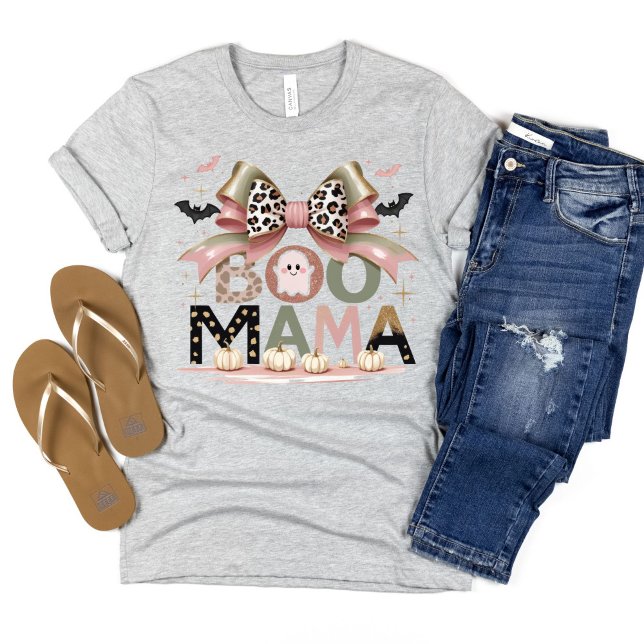 Camiseta Arco de Coquetes de Halloween, Bonito Engraçado Bo (Boo Mama Halloween Mom T-shirt with Pink Green Leopard print Coquette Bow, cute ghost pumpkins)