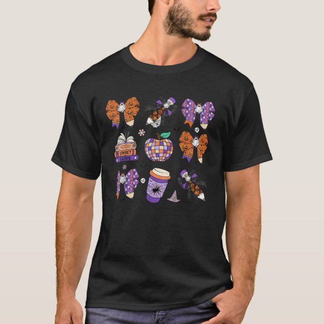 Camiseta Arco do professor Halloween Pencil Coquette Ghost  (Frente)
