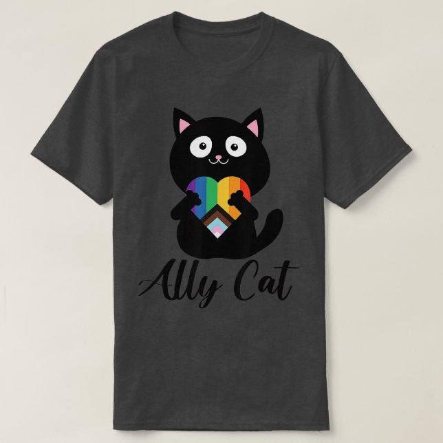 Camiseta Arco-Íris Ally Cat LGBT Orgulho gay Flag Coração (Frente do Design)